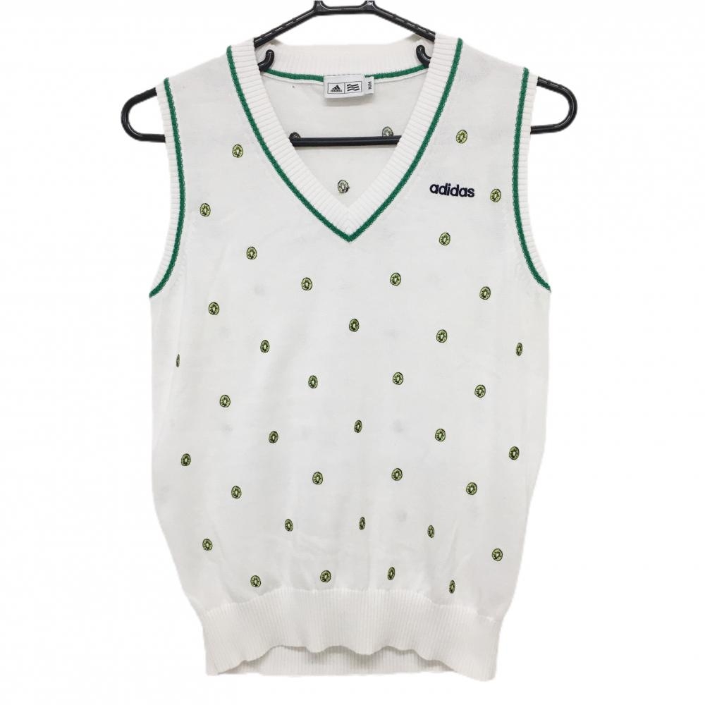 【超美品】アディダス ニットベスト 白×グリーン系 総柄 キウイフルーツ Vネック レディース M/M ゴルフウェア adidas