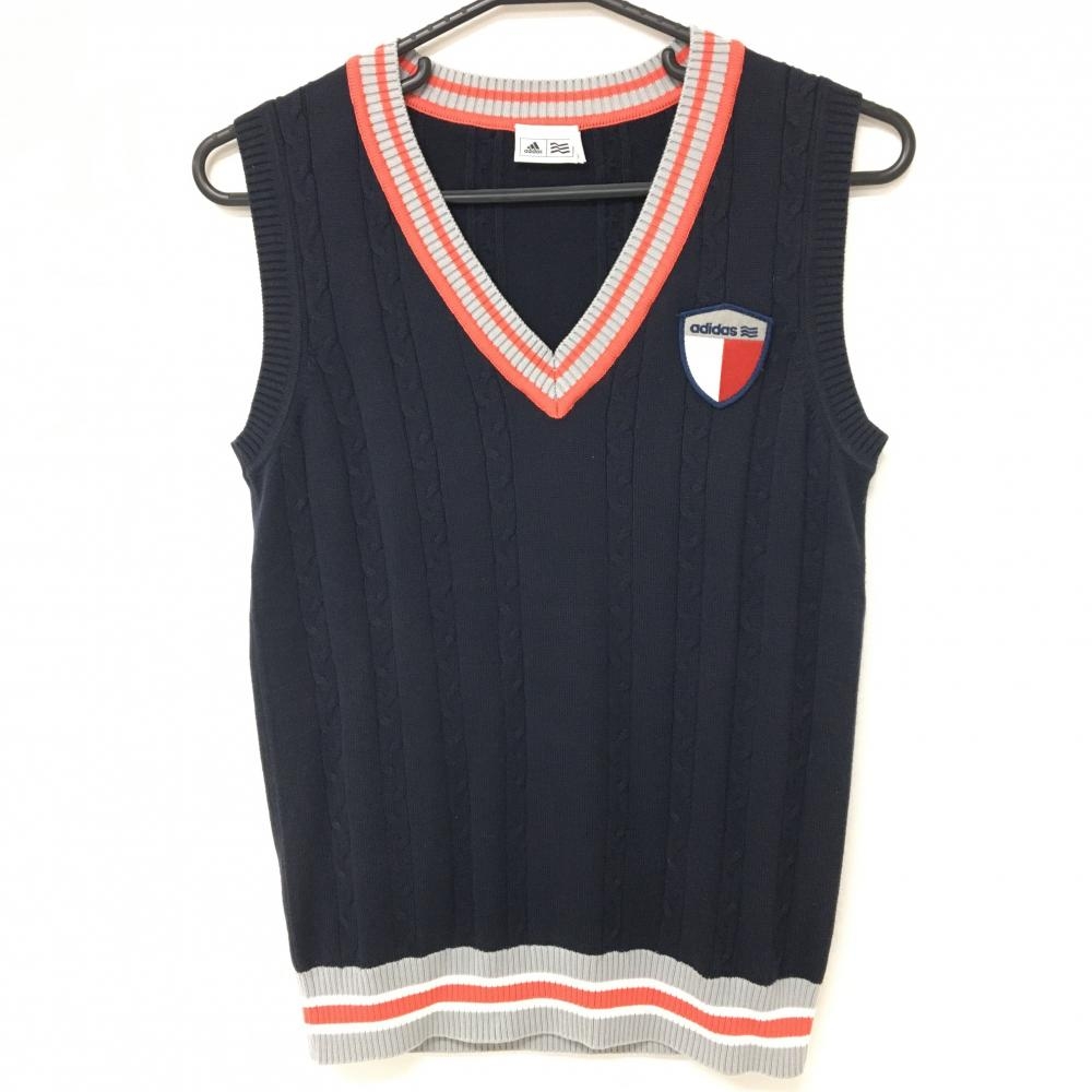 【美品】アディダス ニットベスト ネイビー×オレンジ ケーブル編み コットン混 レディース M/M ゴルフウェア adidas