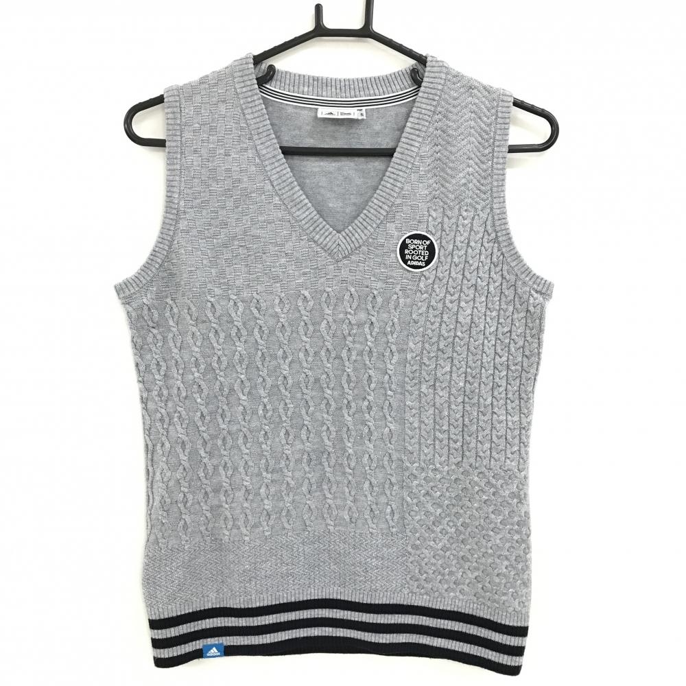 アディダス ニットベスト グレー ケーブル編み Vネック 裾3ライン レディース S/P ゴルフウェア adidas