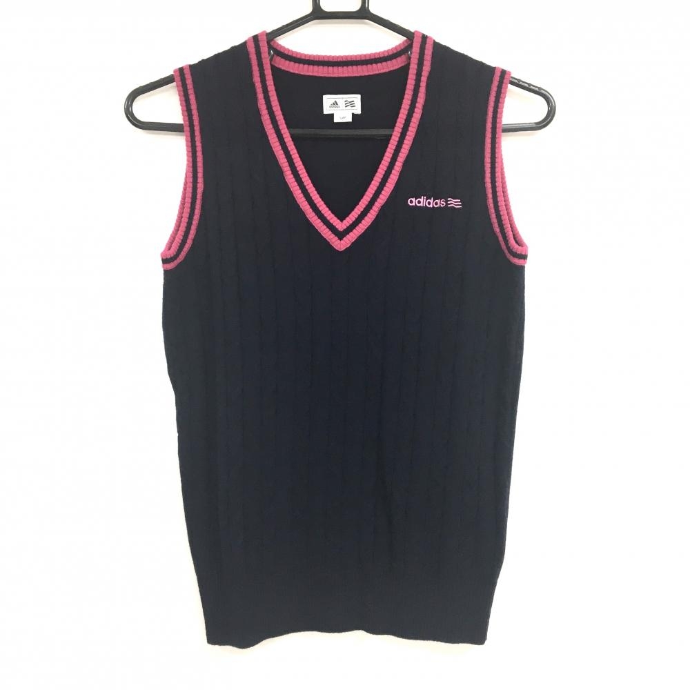【超美品】アディダス ニットベスト ネイビー×ピンク ケーブル編み Vネック ウール混 レディース S/P ゴルフウェア adidas