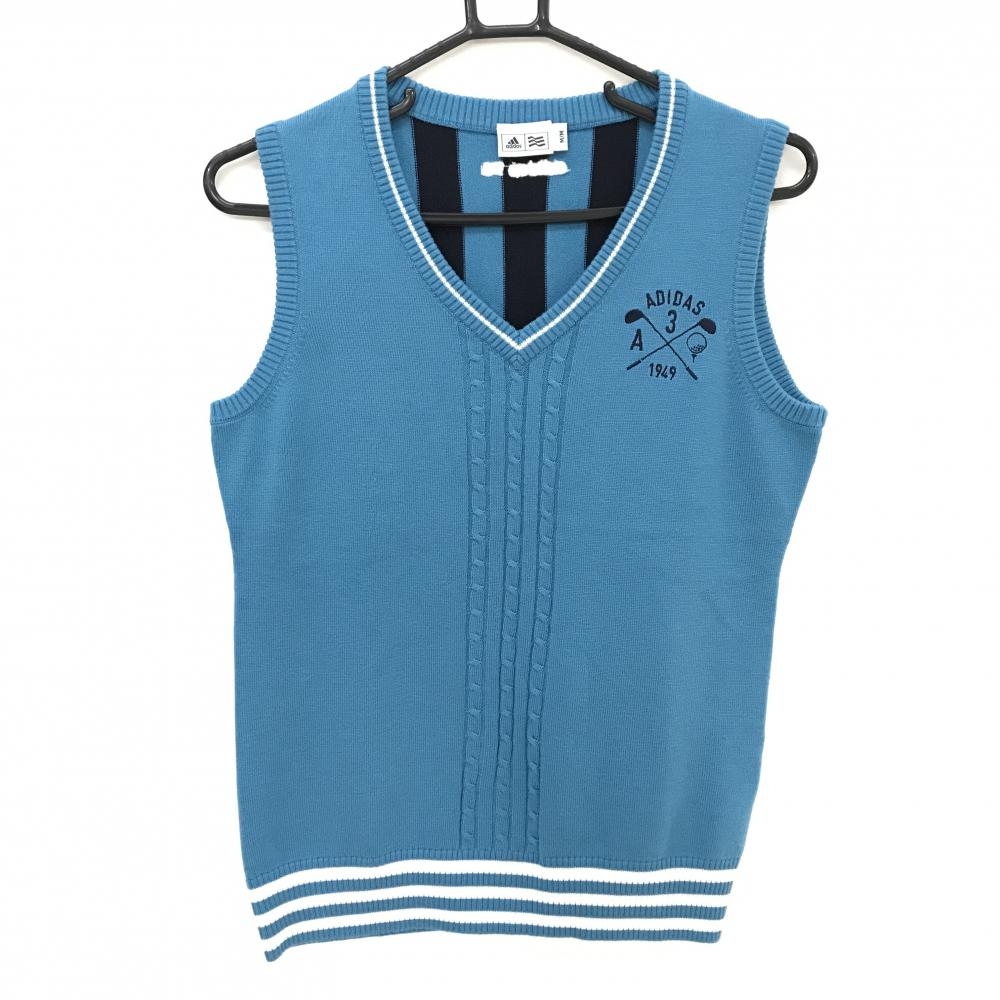 【美品】アディダス ニットベスト ライトブルー×ネイビー ケーブル編み 背面ストライプ Vネック  レディース M/M ゴルフウェア adidas