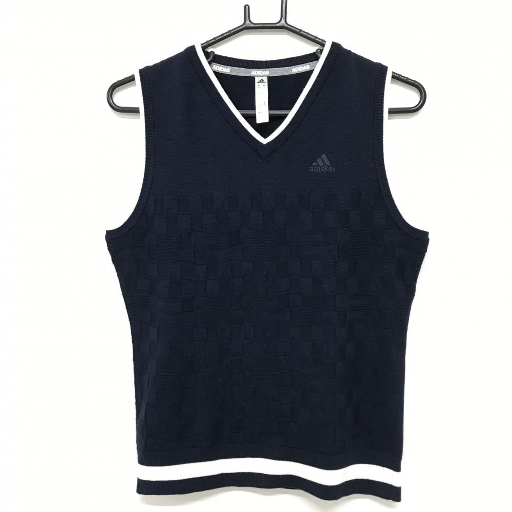 【美品】アディダス ニットベスト ネイビー フロント織生地 ネック・袖口・裾ライン白  レディース OT(XL) ゴルフウェア adidas