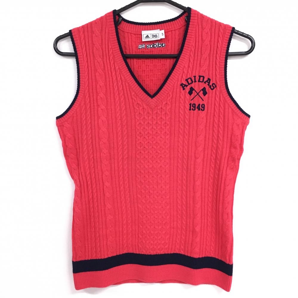 【超美品】アディダス ニットベスト レッド系 ケーブル編み ウール混  レディース S/P ゴルフウェア adidas