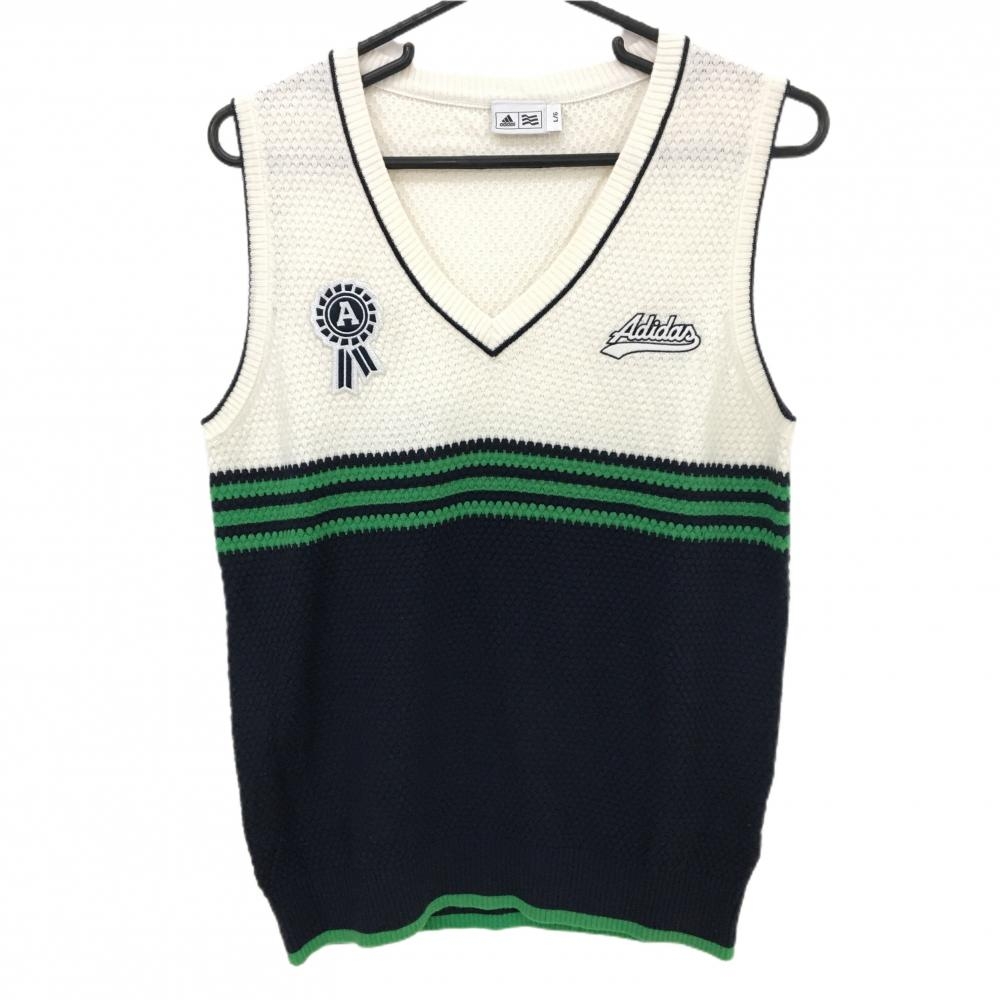 【超美品】アディダス ニットベスト 白×ネイビー×グリーン ウール混 Vネック ワッペン レディース L/G ゴルフウェア adidas