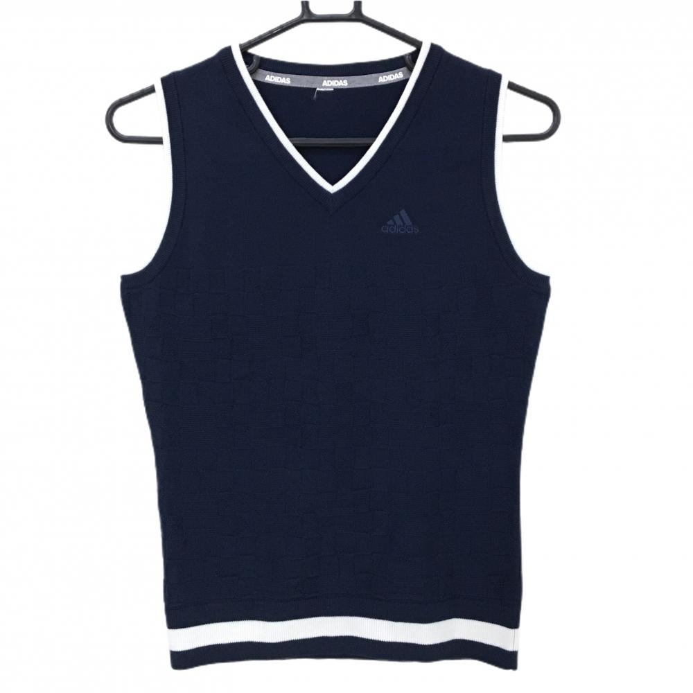 【美品】アディダス ニットベスト ネイビー×白 前下部格子調編み Vネック ロゴ刺しゅう レディース  ゴルフウェア adidas