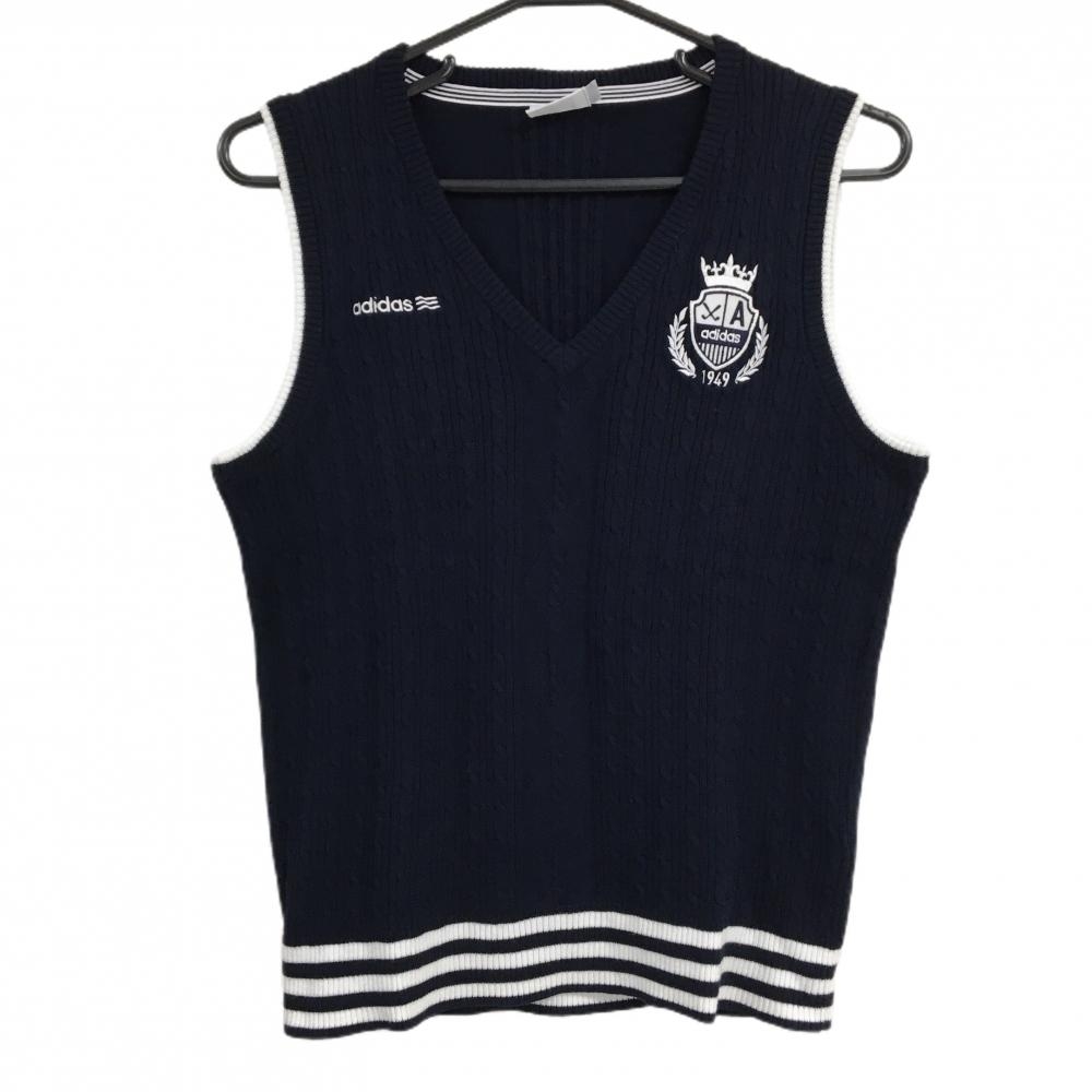 【超美品】アディダス ニットベスト ネイビー×白 ケーブル編み Vネック 綿100％ ロゴ刺しゅう レディース L/G(L) ゴルフウェア adidas