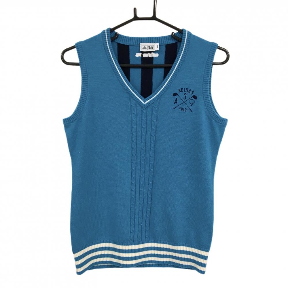 【美品】アディダス ニットベスト ブルー系×黒 フロントケーブル編み 背面ストライプ ロゴ刺しゅう レディース M/M ゴルフウェア adidas