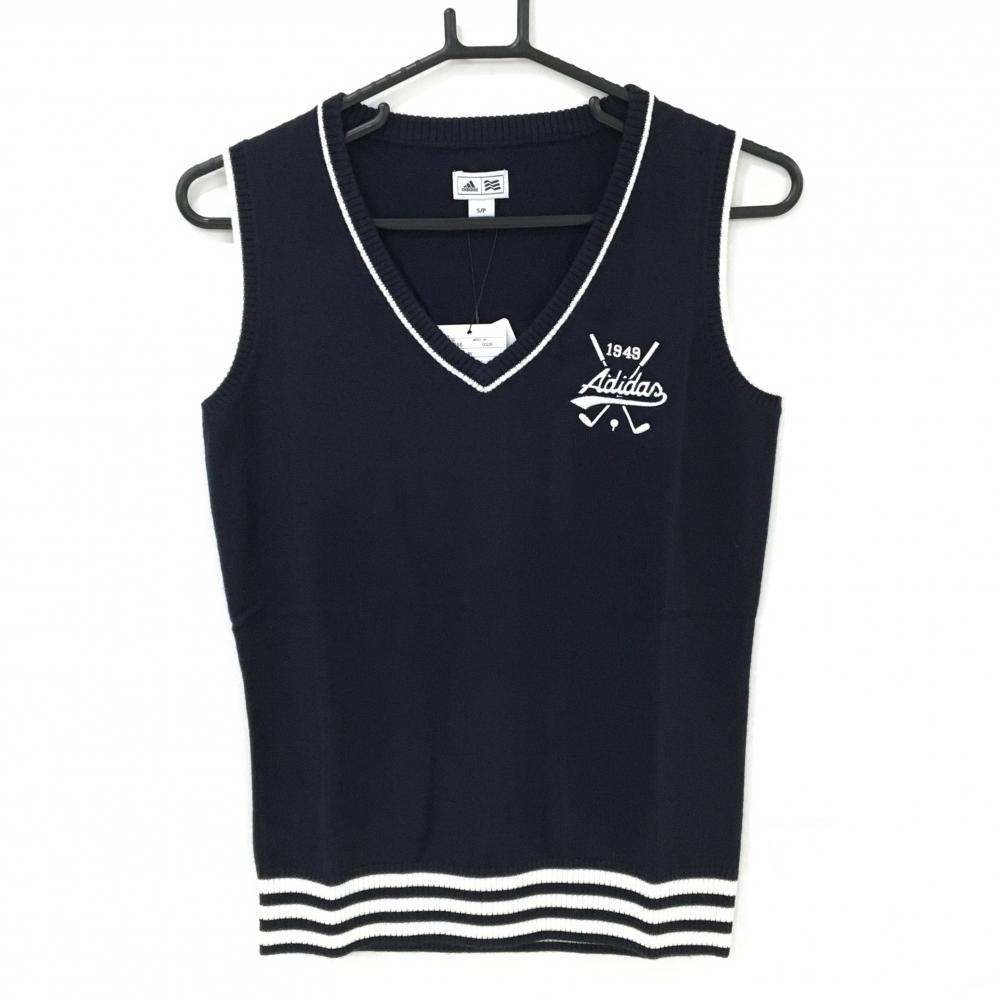 【新品】アディダス ニットベスト ダークネイビー×白 Vネック アクリル100％ レディース S/P ゴルフウェア adidas