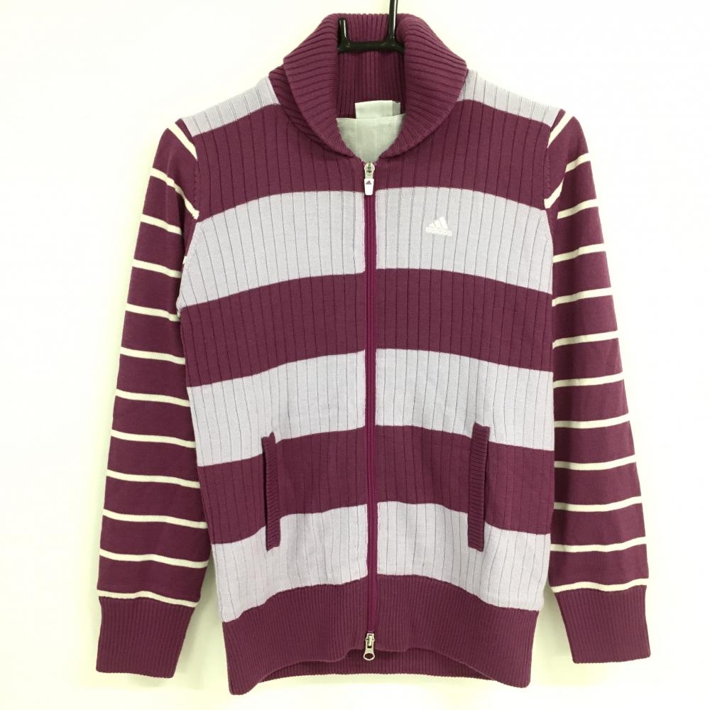 【美品】アディダス 襟付ニットジャケット パープル×白 ボーダー 蓄熱裏地 ウール混 レディース S/P ゴルフウェア adidas