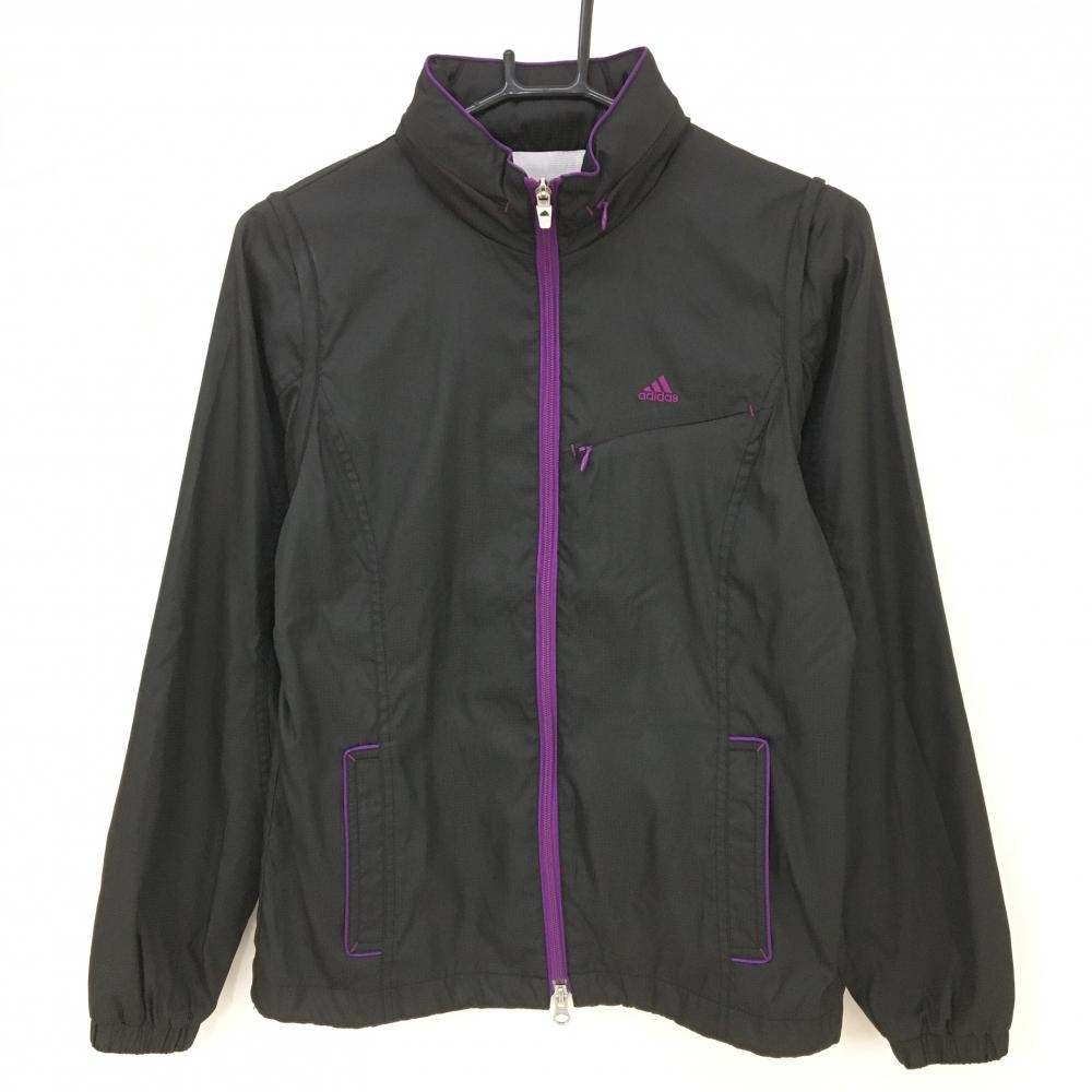 アディダス 2WAYジャケットブルゾン 黒×パープル 格子織生地 ロゴ刺しゅう 蓄熱裏地 袖着脱可 レディース M ゴルフウェア adidas