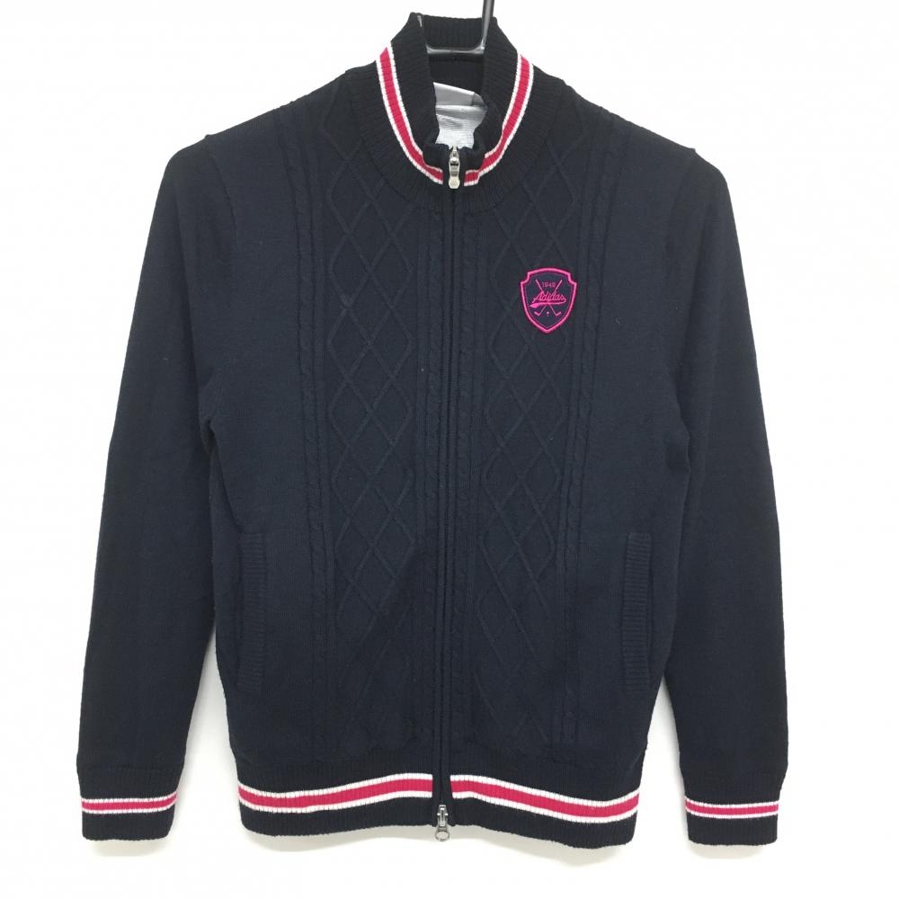 【美品】アディダス ニットブルゾン ネイビー×ピンク 身頃ケーブル編み 蓄熱裏地 レディース S ゴルフウェア adidas