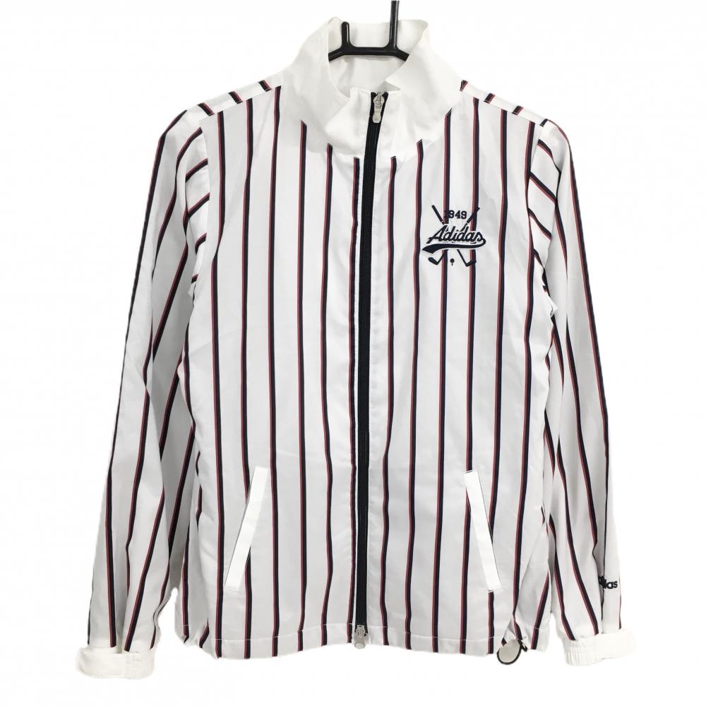 【超美品】アディダス ジャケット 白×ネイビー ストライプ 蓄熱裏地 薄手  レディース S/P ゴルフウェア adidas