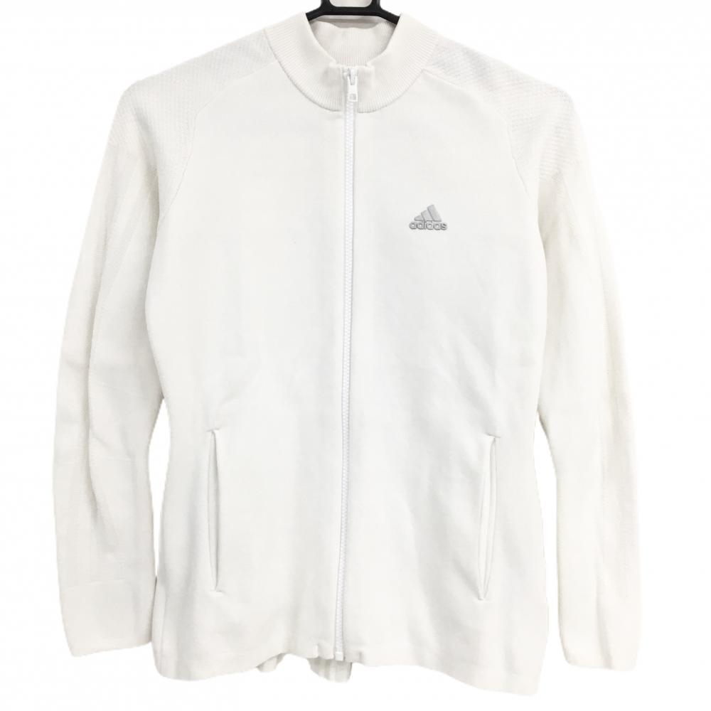 【超美品】アディダス ニットジャケット 白 背面一部プリーツ 袖3ライン レディース S ゴルフウェア adidas