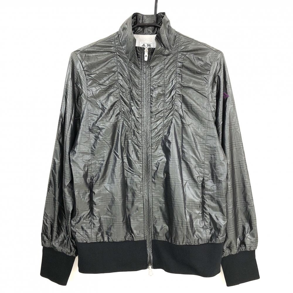 【美品】アディダス ジャケット グレー×黒 チェック地模様 薄手 ロゴ刺しゅう 蓄熱裏地 レディース OT/XG(XL) ゴルフウェア adidas