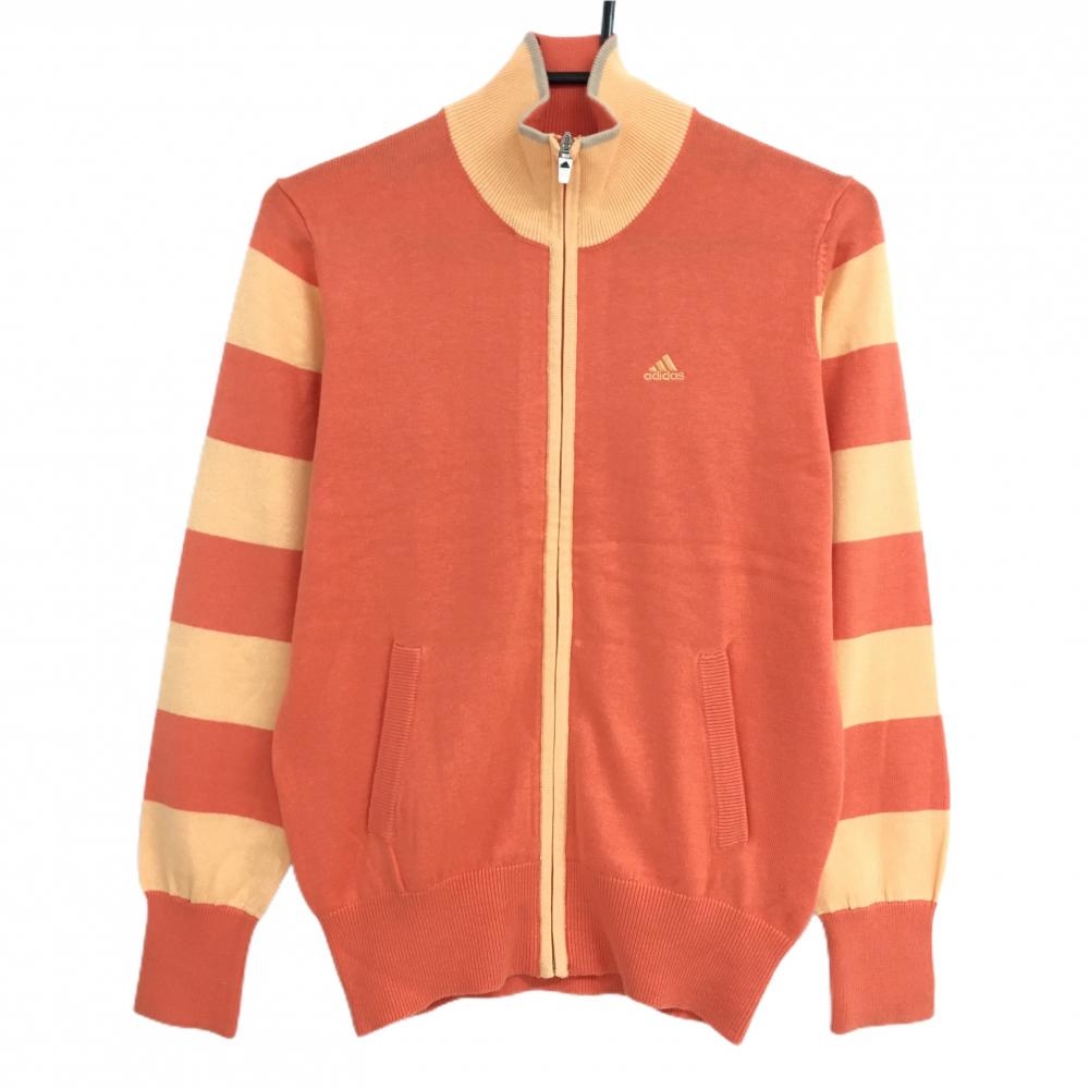 【超美品】アディダス ニットジャケット  オレンジ×ライトオレンジ 袖ボーダー ロゴ刺しゅう レディース S/P ゴルフウェア adidas