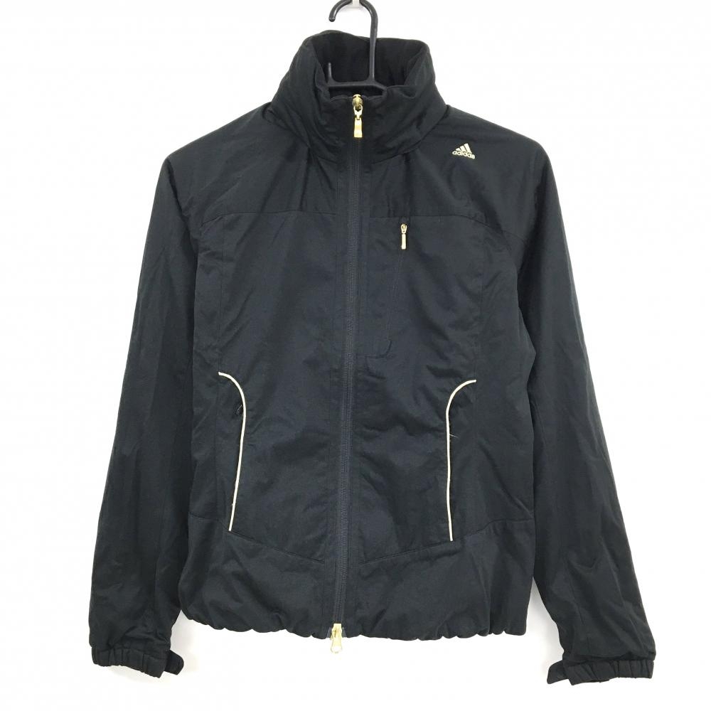 【美品】アディダス ジャケット 黒×ゴールド ロゴ刺しゅう 裏微起毛 フード収納可 レディース S/P ゴルフウェア adidas