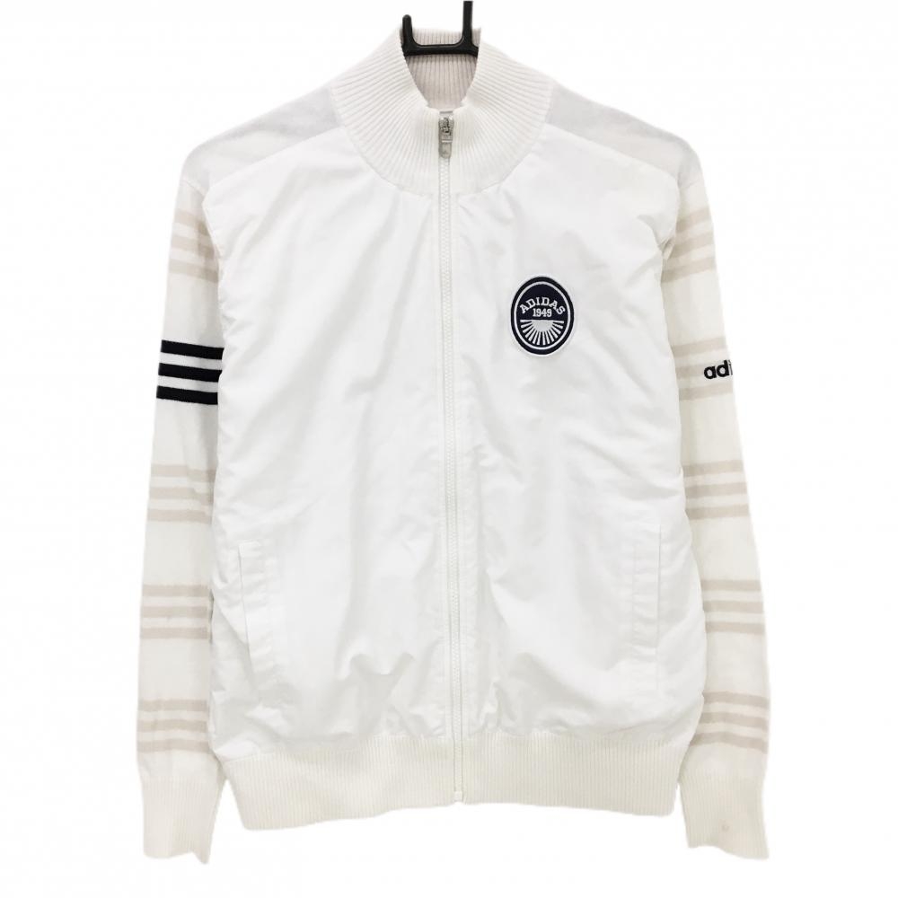 アディダス 異素材ニットジャケット 白×ベージュ 袖背面ボーダー レディース M/M ゴルフウェア adidas