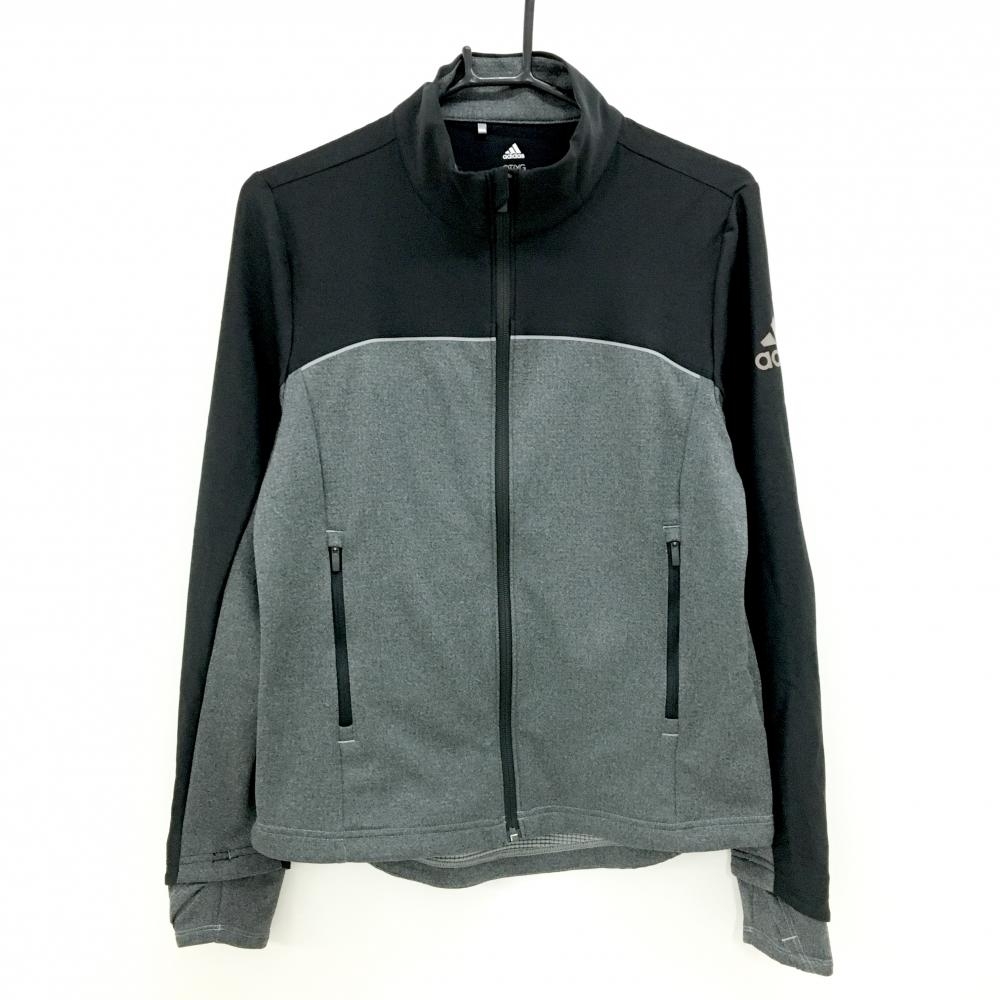 【超美品】アディダス ジャケット 黒×ダークグレー 袖ロゴ 裏微起毛 レディース OT/XG ゴルフウェア adidas