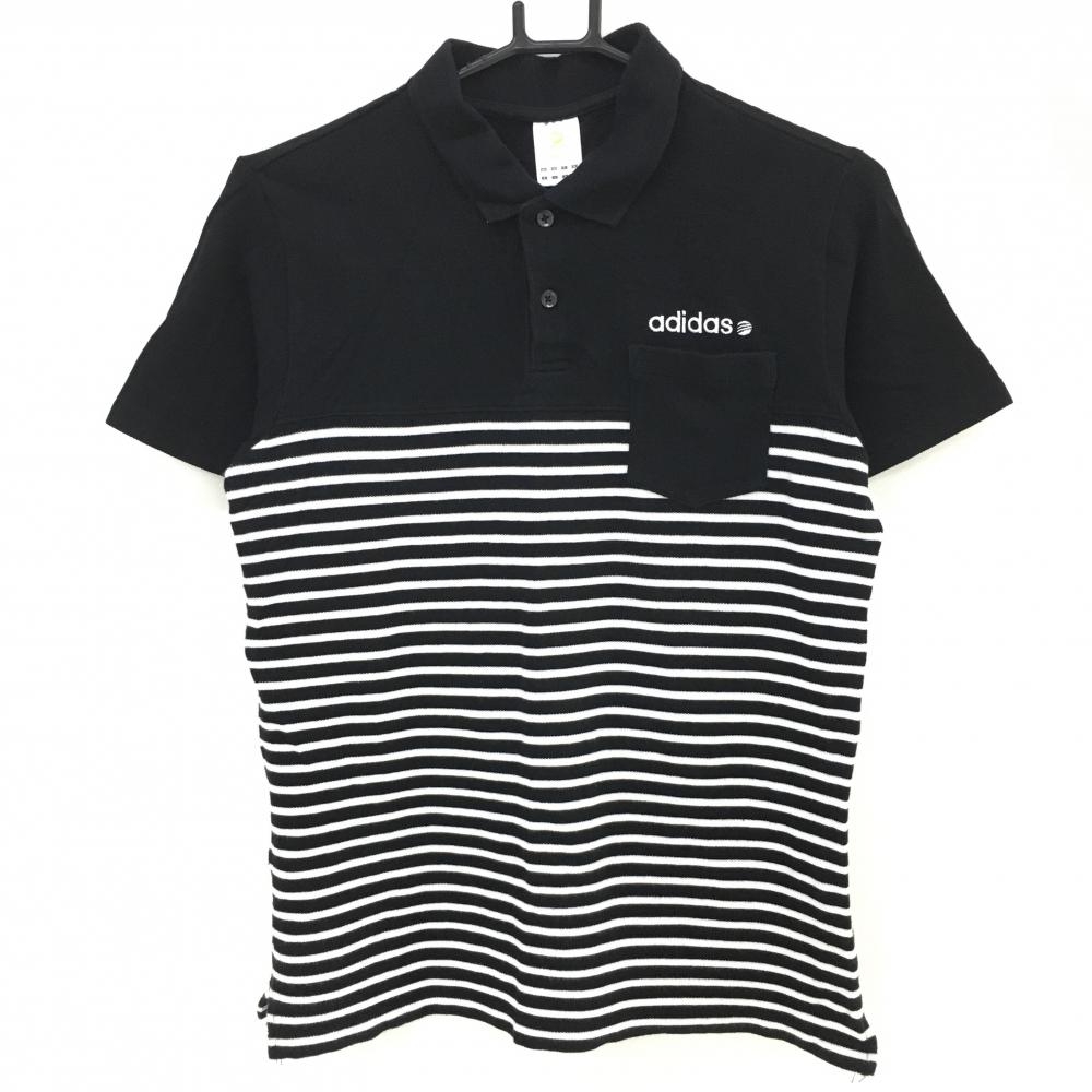アディダス 半袖ポロシャツ 黒×白 下部ボーダー レディース M ゴルフウェア adidas
