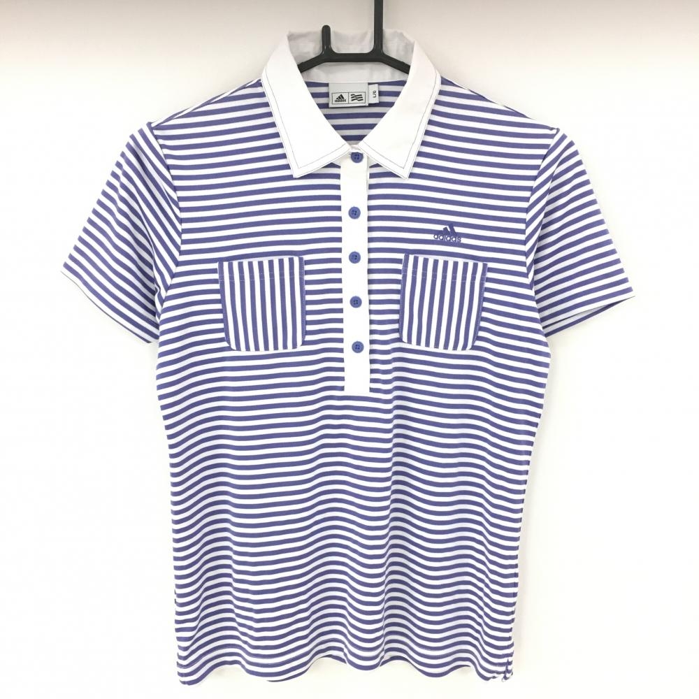 【美品】アディダス 半袖ポロシャツ 白×パープル ボーダー 総柄 胸ポケット レディース L/G ゴルフウェア adidas