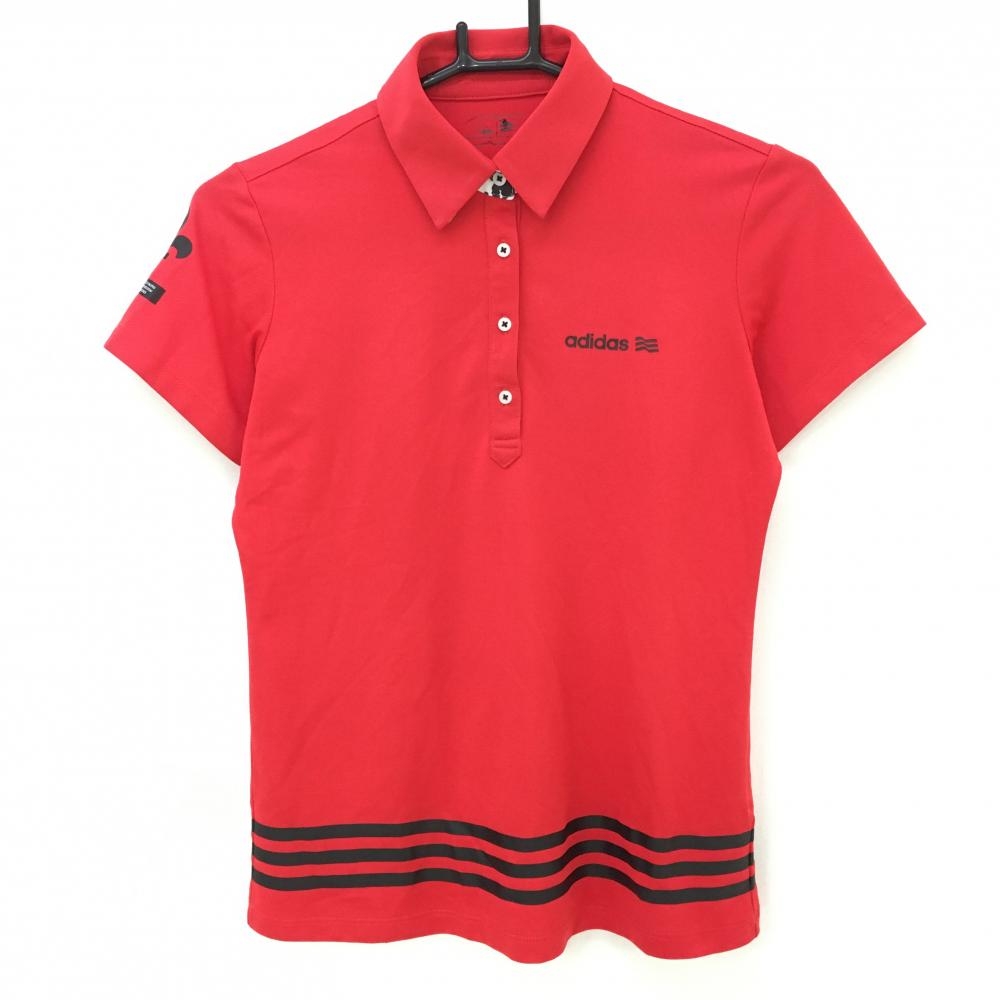 【美品】アディダス 半袖ポロシャツ レッド×黒 ロゴプリント 襟裏千鳥柄 裾3ライン レディース S/P ゴルフウェア adidas