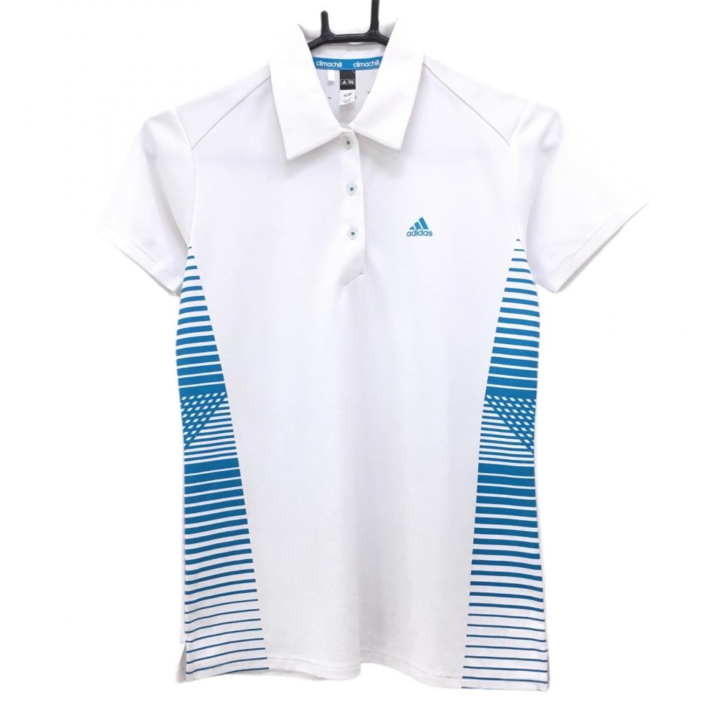 アディダス 半袖ポロシャツ 白×ライトブルー サイドボーダー調 ロゴプリント  レディース S/P ゴルフウェア adidas