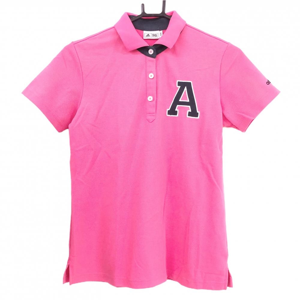 アディダス 半袖ポロシャツ ピンク×ネイビー 襟裏ロゴ  レディース M ゴルフウェア adidas