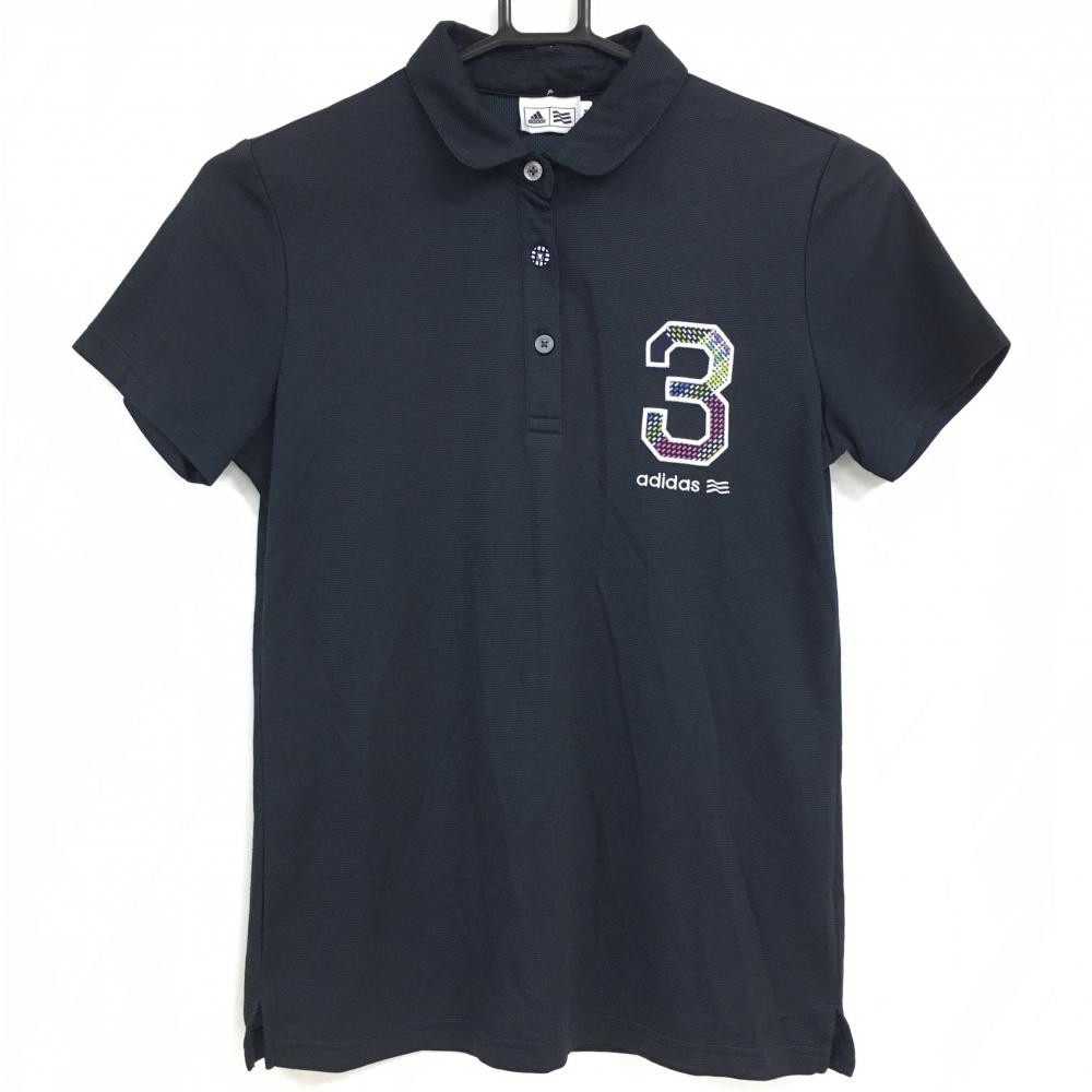 【超美品】アディダス 半袖ポロシャツ ダークネイビー ナンバリング刺しゅう 丸襟 レディース M/M ゴルフウェア adidas