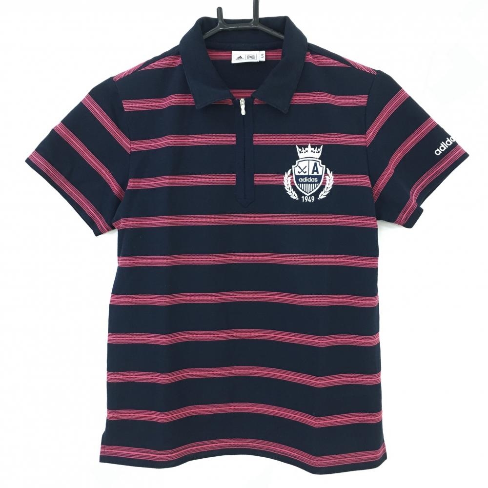 【美品】アディダス 半袖ポロシャツ ネイビー×ピンク ボーダー ハーフジップ レディース L/G ゴルフウェア adidas