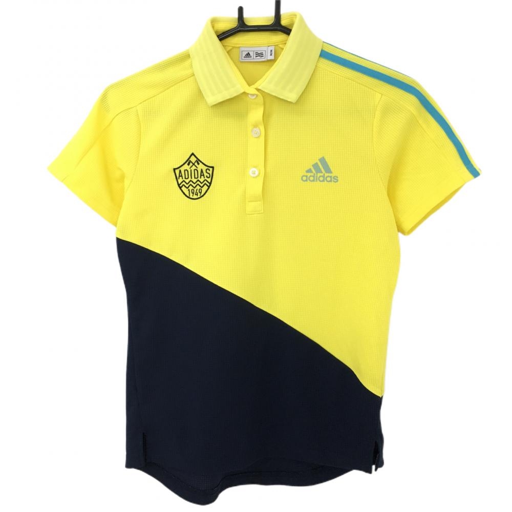 【美品】アディダス 半袖ポロシャツ イエロー×ネイビー 織生地 ロゴ刺しゅう 肩・袖3ライン レディース M/M ゴルフウェア adidas