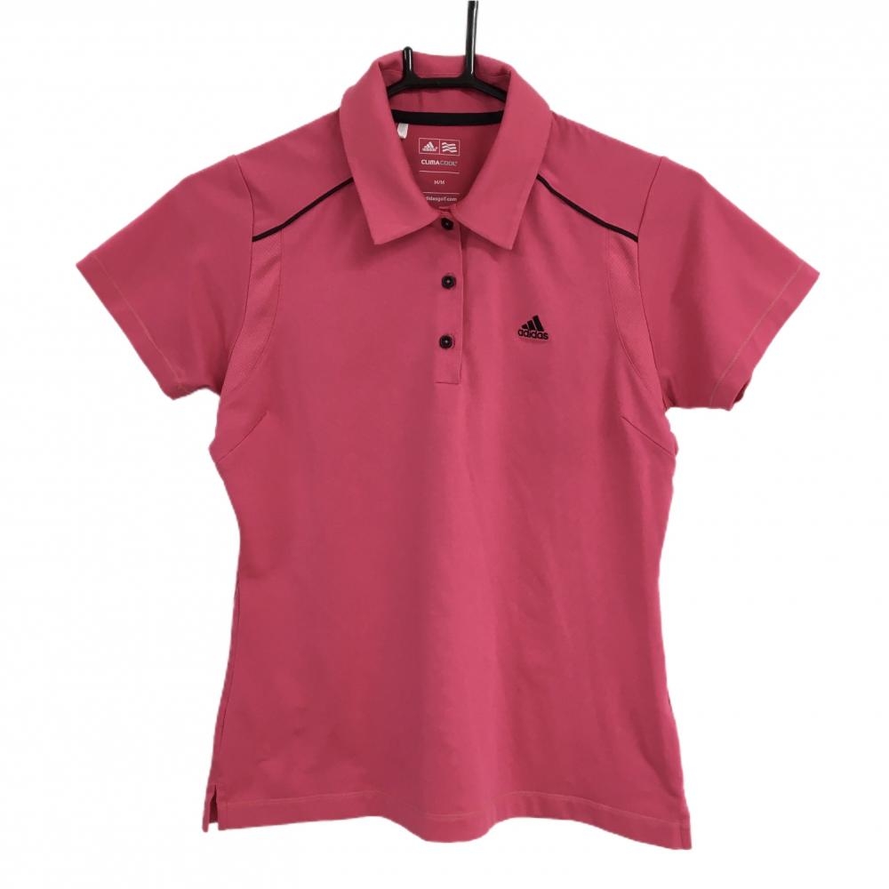 【美品】アディダス 半袖ポロシャツ ピンク×黒 背面花プリント 一部メッシュ生地 レディース M/M ゴルフウェア adidas
