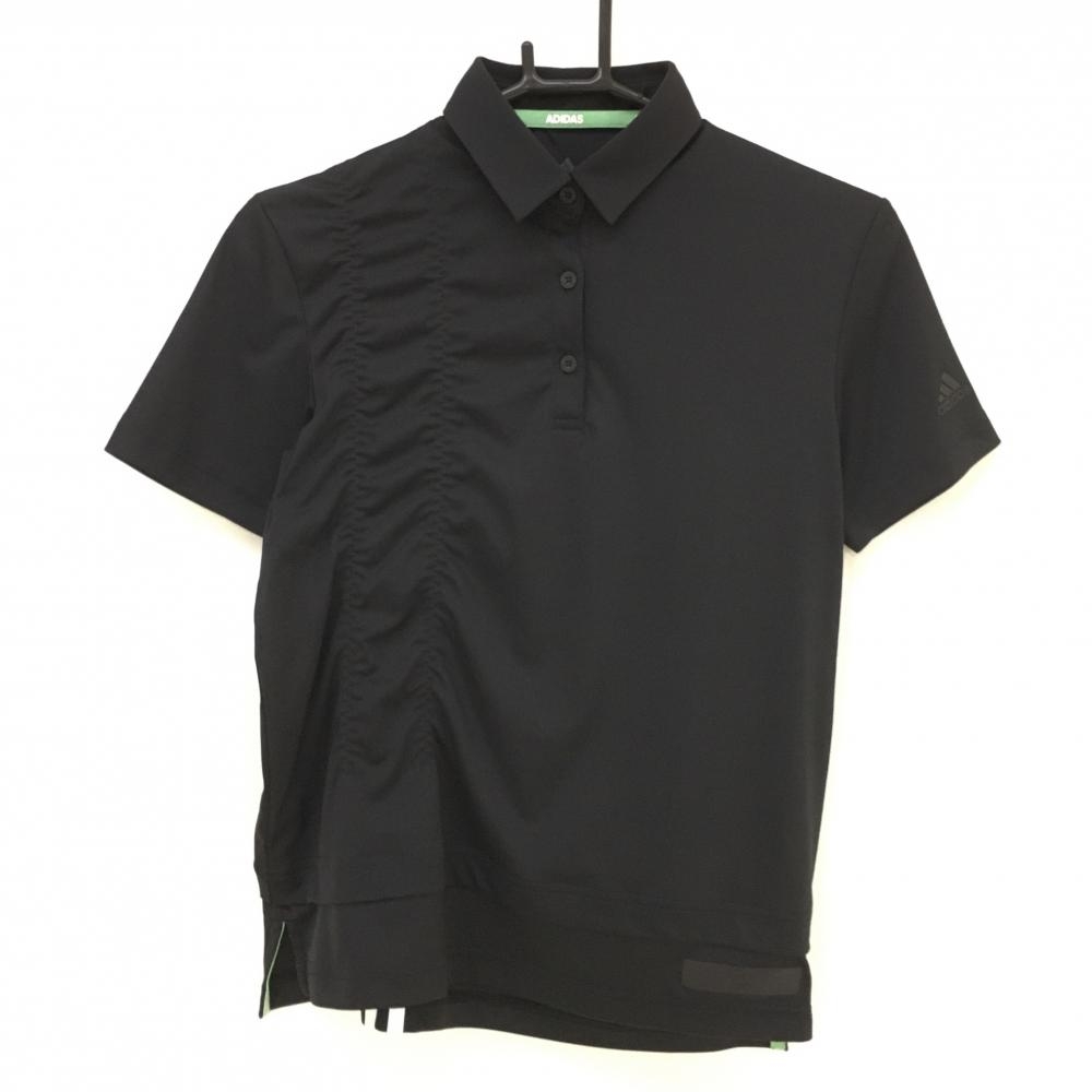 【美品】アディダス 半袖ポロシャツ 黒 袖ロゴ 裾3ライン 一部シャーリング  レディース S ゴルフウェア adidas