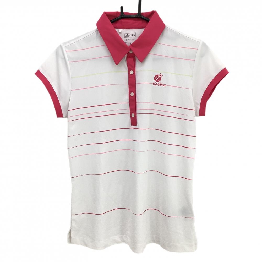 【超美品】アディダス Ko Oline 半袖ポロシャツ 白×ピンク 細ボーダー てんとう虫刺しゅう CLIMALITE  レディース M ゴルフウェア adidas