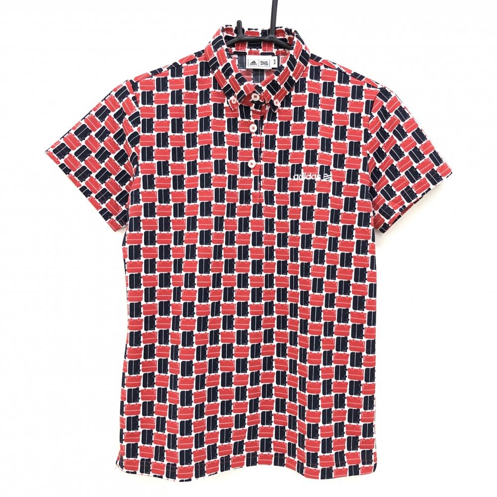 【超美品】アディダス 半袖ポロシャツ ネイビー×レッド 車総柄 ボタンダウン レディース M/M ゴルフウェア adidas