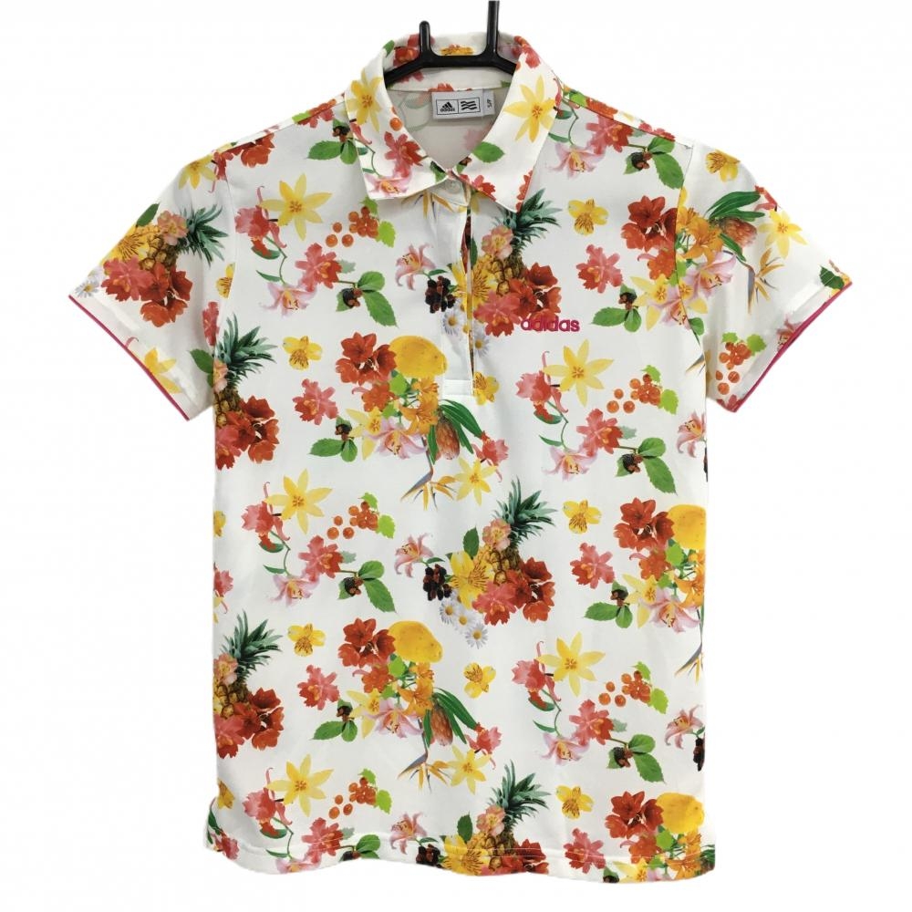 アディダス 半袖ポロシャツ 白×レッド 花柄 ロゴ刺しゅう レディース S/P ゴルフウェア adidas