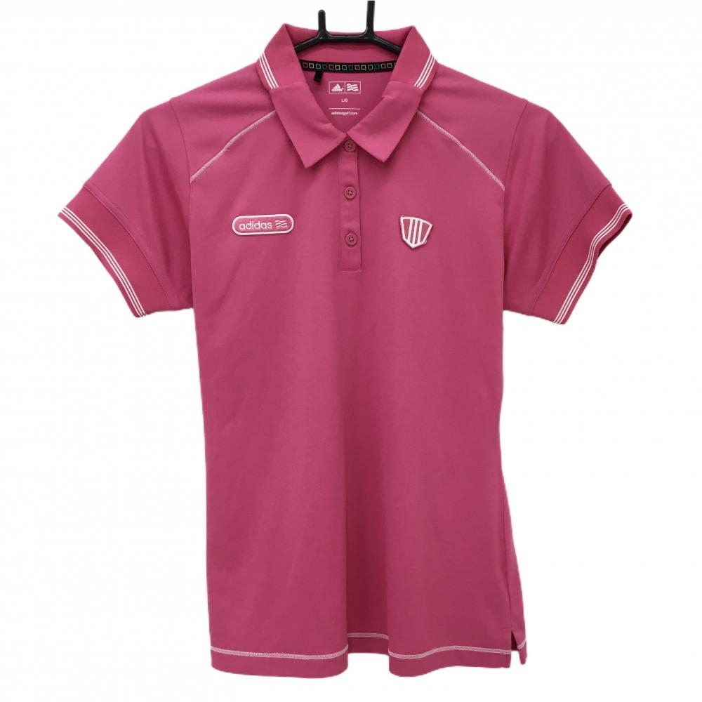 アディダス 半袖ポロシャツ ピンク×白 襟袖ライン レディース L/G ゴルフウェア adidas