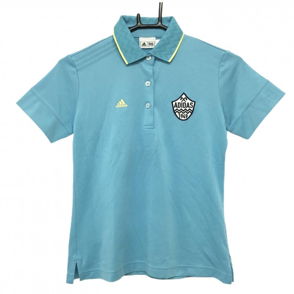 【美品】アディダス 半袖ポロシャツ ライトブルー×イエロー 一部メッシュ調 胸元ロゴ レディース S ゴルフウェア adidas