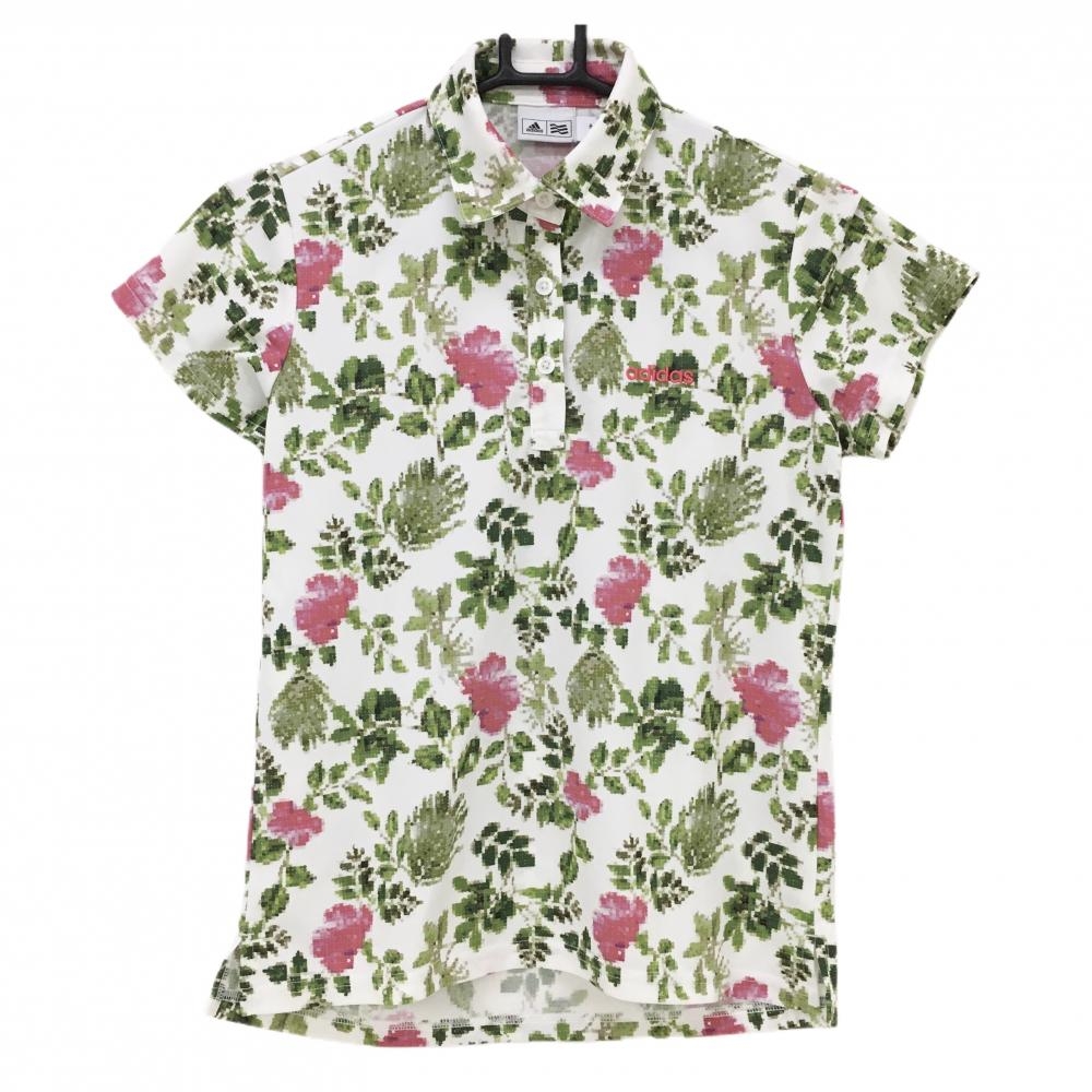 【超美品】アディダス 半袖ポロシャツ 白×グリーン 花柄 織生地 ロゴ刺しゅう レディース S/P ゴルフウェア adidas