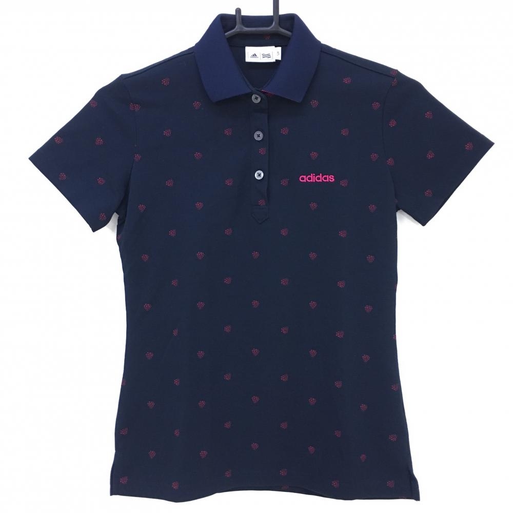 【超美品】アディダス 半袖ポロシャツ ネイビー×ピンク 総柄 レディース S/P ゴルフウェア adidas