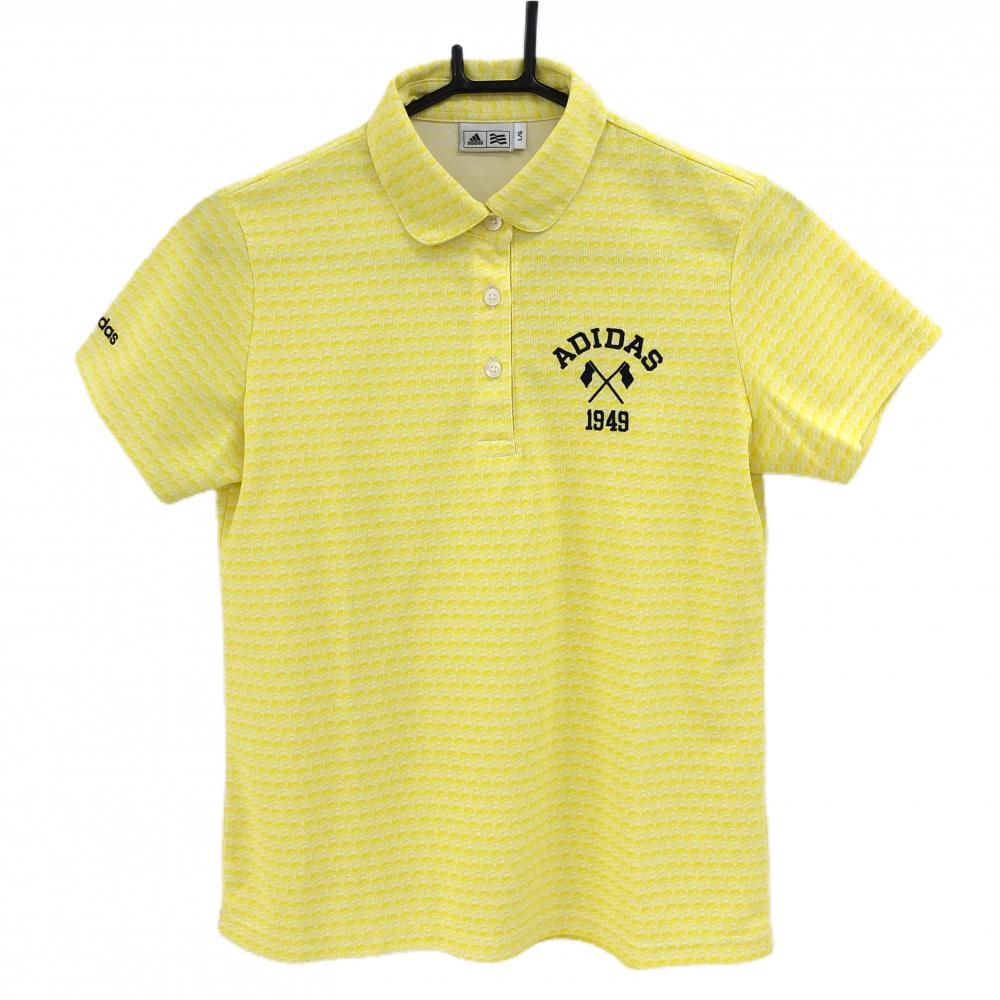 【超美品】アディダス 半袖ポロシャツ イエロー×白 総柄 丸襟 レディース L/G ゴルフウェア adidas