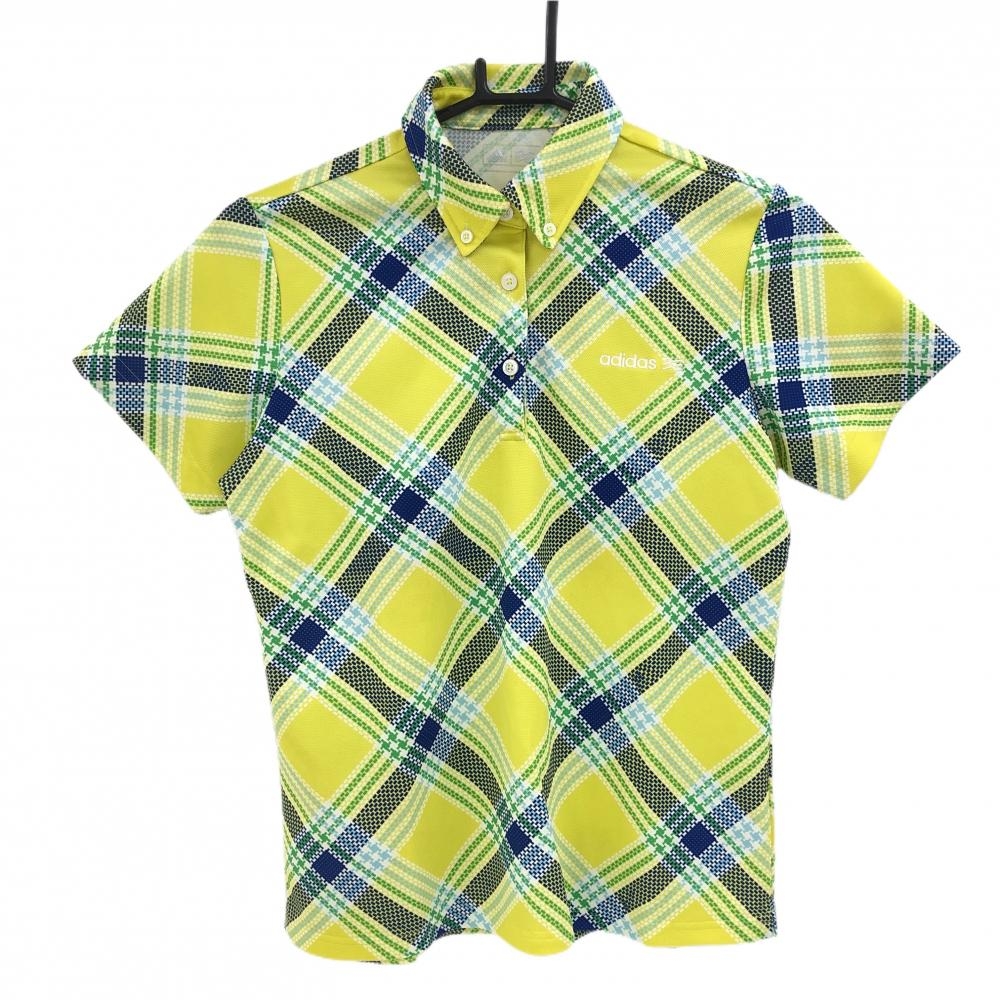 アディダス 半袖ポロシャツ イエロー×ブルー チェック ボタンダウン レディース L/G ゴルフウェア adidas