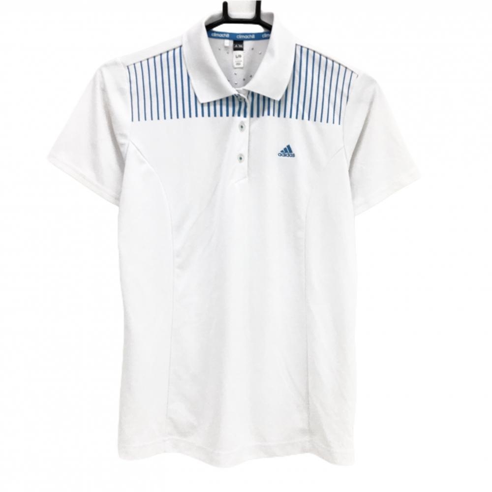 アディダス 半袖ポロシャツ 白×ライトブルー 肩ストライプ climachill レディース L/G ゴルフウェア adidas