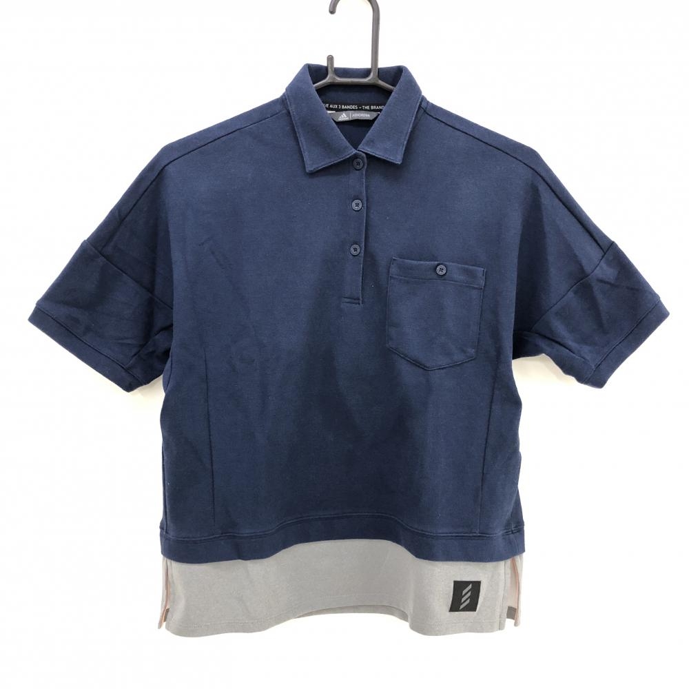 アディダス 半袖ポロシャツ ネイビー×グレー レイヤード風 レディース S ゴルフウェア adidas