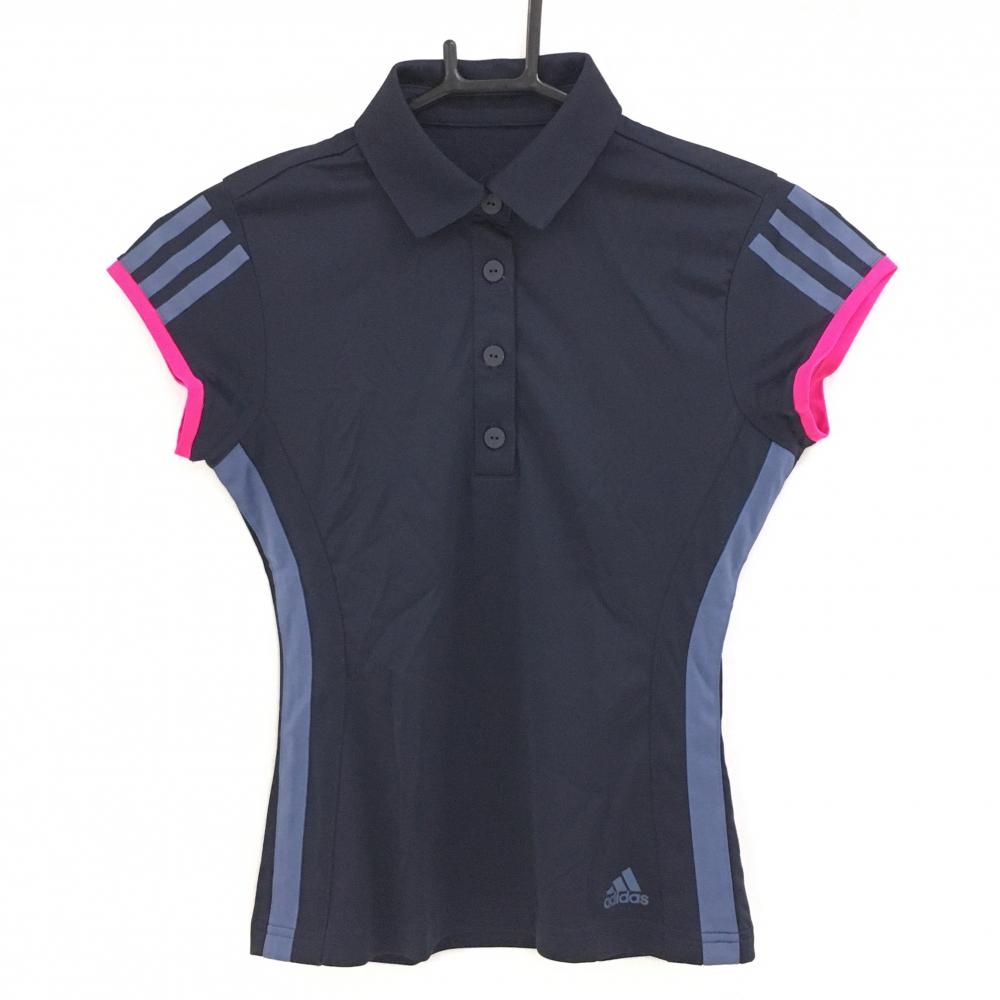 【超美品】アディダス 半袖ポロシャツ ネイビー×グレー×ピンク 袖3ライン レディース S ゴルフウェア adidas