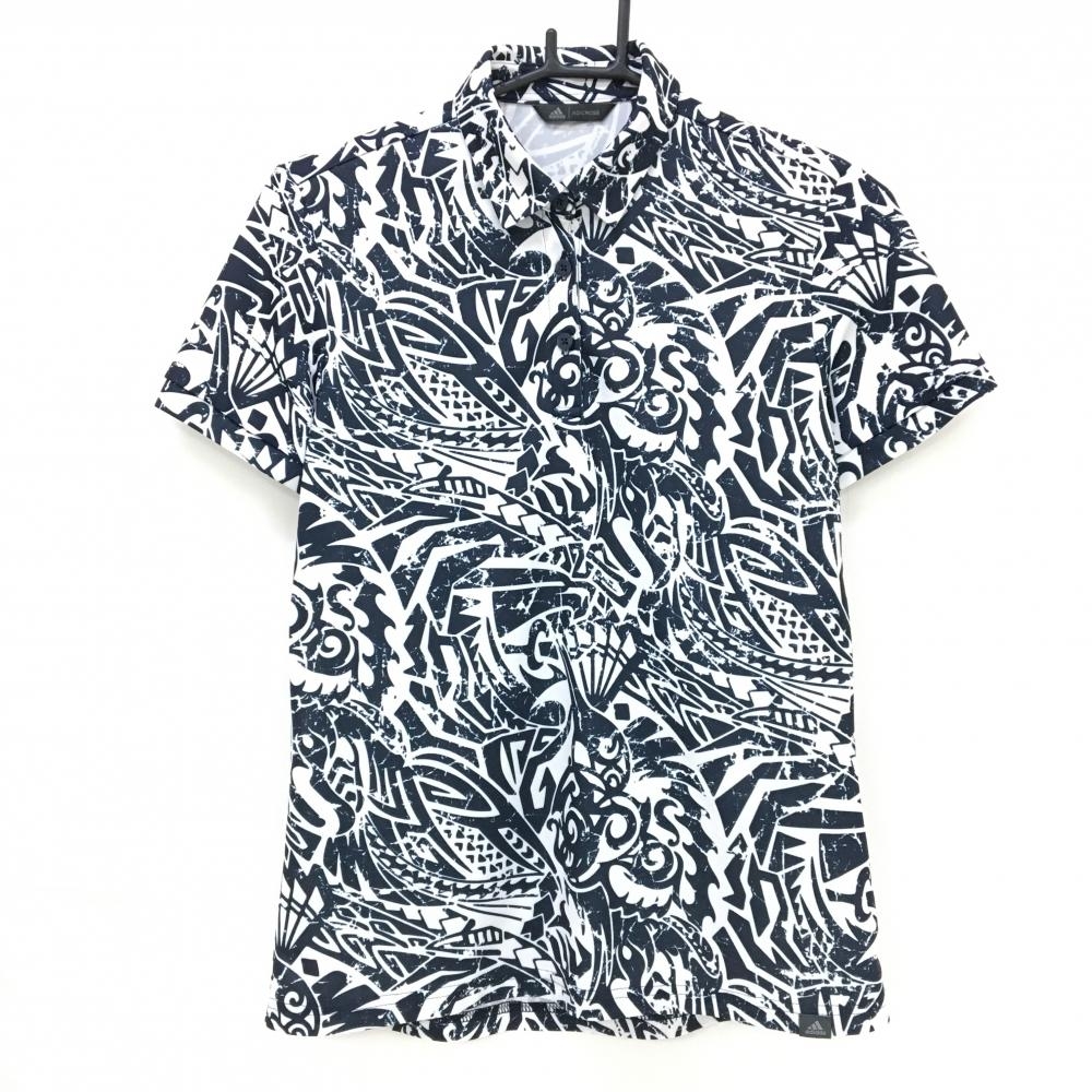 【超美品】アディダス 半袖ポロシャツ ネイビー×白 総柄 ADICROSS レディース OT(XL) ゴルフウェア adidas