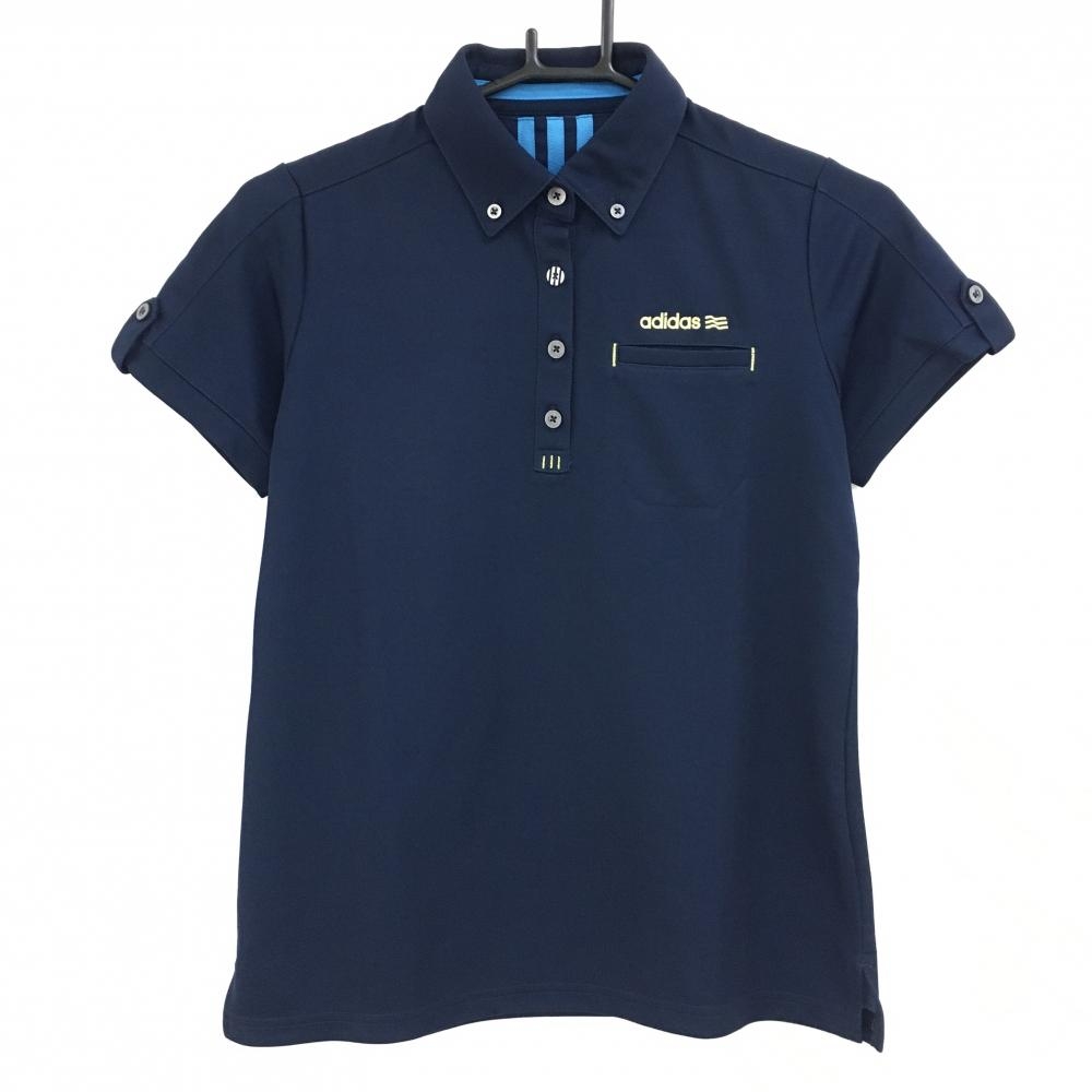 【美品】アディダス 半袖ポロシャツ ネイビー 胸ポケット ボタンダウン レディース M/M ゴルフウェア adidas