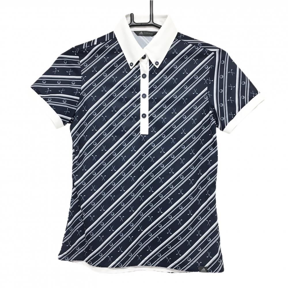 【美品】アディダス 半袖ポロシャツ ネイビー×白 総柄 斜めストライプ ボール  レディース M ゴルフウェア adidas