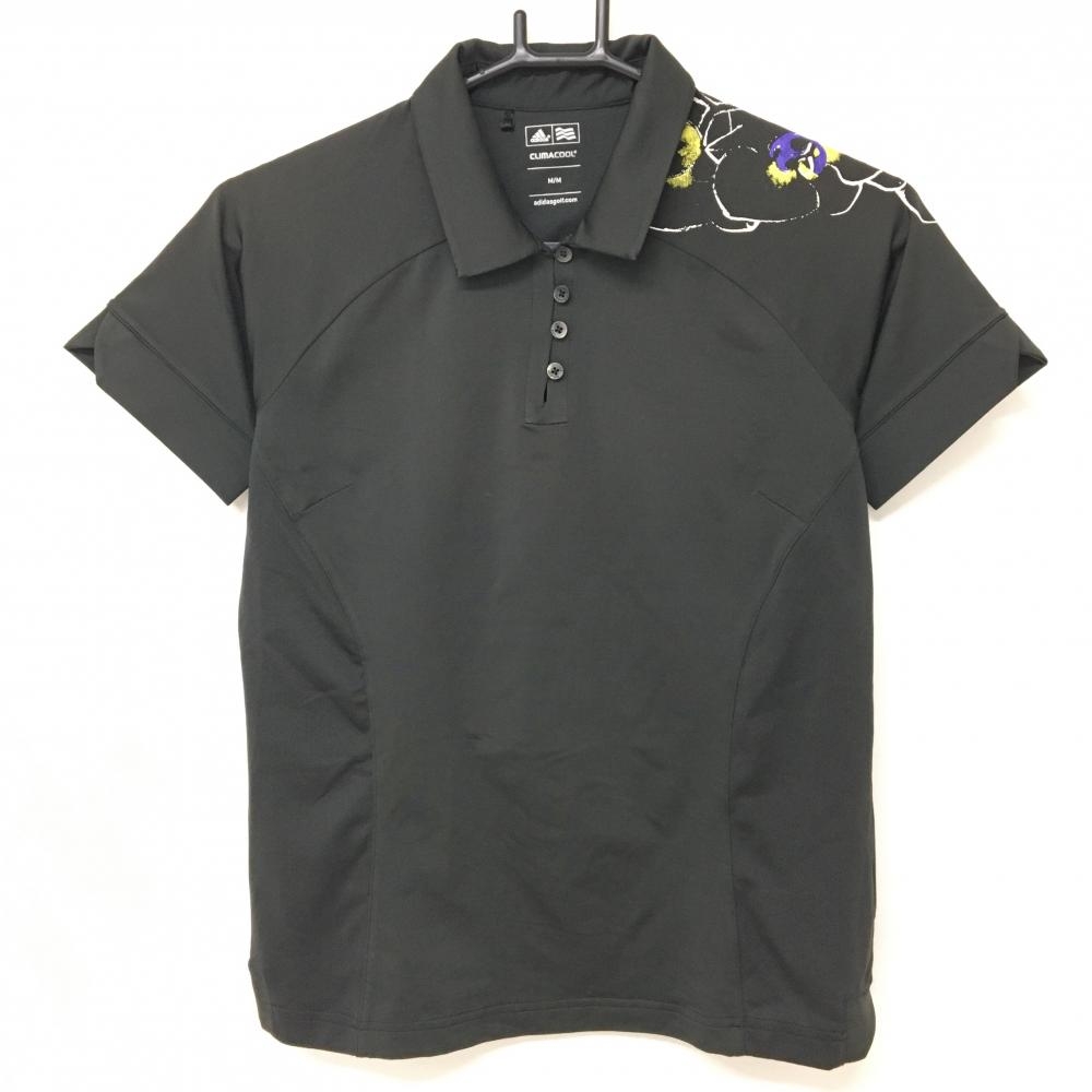 【超美品】アディダス 半袖ポロシャツ 黒 左肩花柄 CLIMACOOL レディース M/M ゴルフウェア adidas