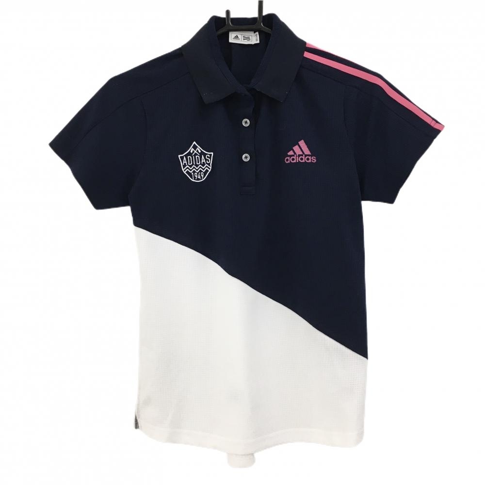 アディダス 半袖ポロシャツ ネイビー×白 メッシュ調生地 バイカラー 襟裏ボーダー レディース OT/XG ゴルフウェア adidas
