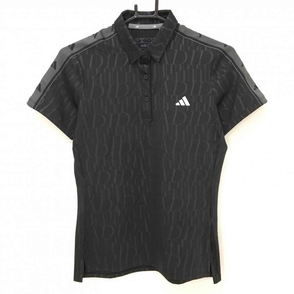 【超美品】アディダス 半袖ポロシャツ 黒 ロゴ総柄 肩ライン HEAT.RDY レディース M ゴルフウェア 2023年モデル adidas
